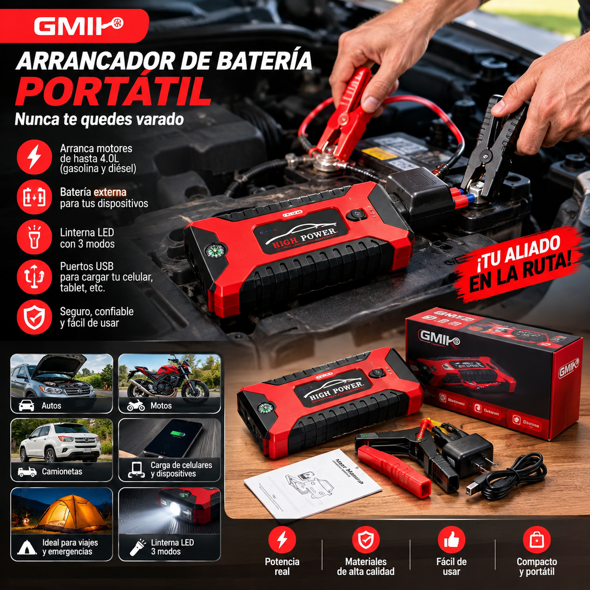 Arrancador de bateria para autos motos y mas